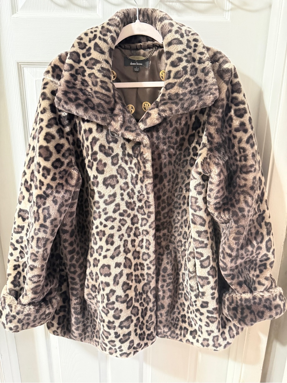 dennis basso Leopard Print Teddy Coat in Brown and Cream